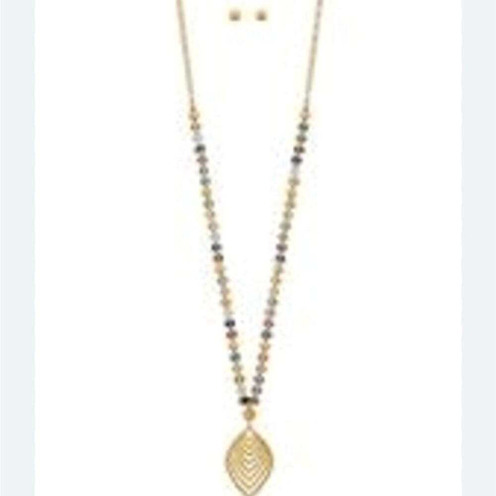 ETE Leaf Beaded Long Pendant Necklace Stud Ball Earrings Set NWT Gold tone grey